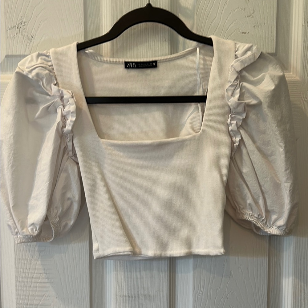 Zara Cream Puff Sleeve Crop Blouse